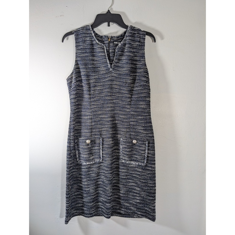 KARL LAGERFELD PARIS Sleeveless Tweed/Bouclé, Fringe Black/Ivory Dress Size 10